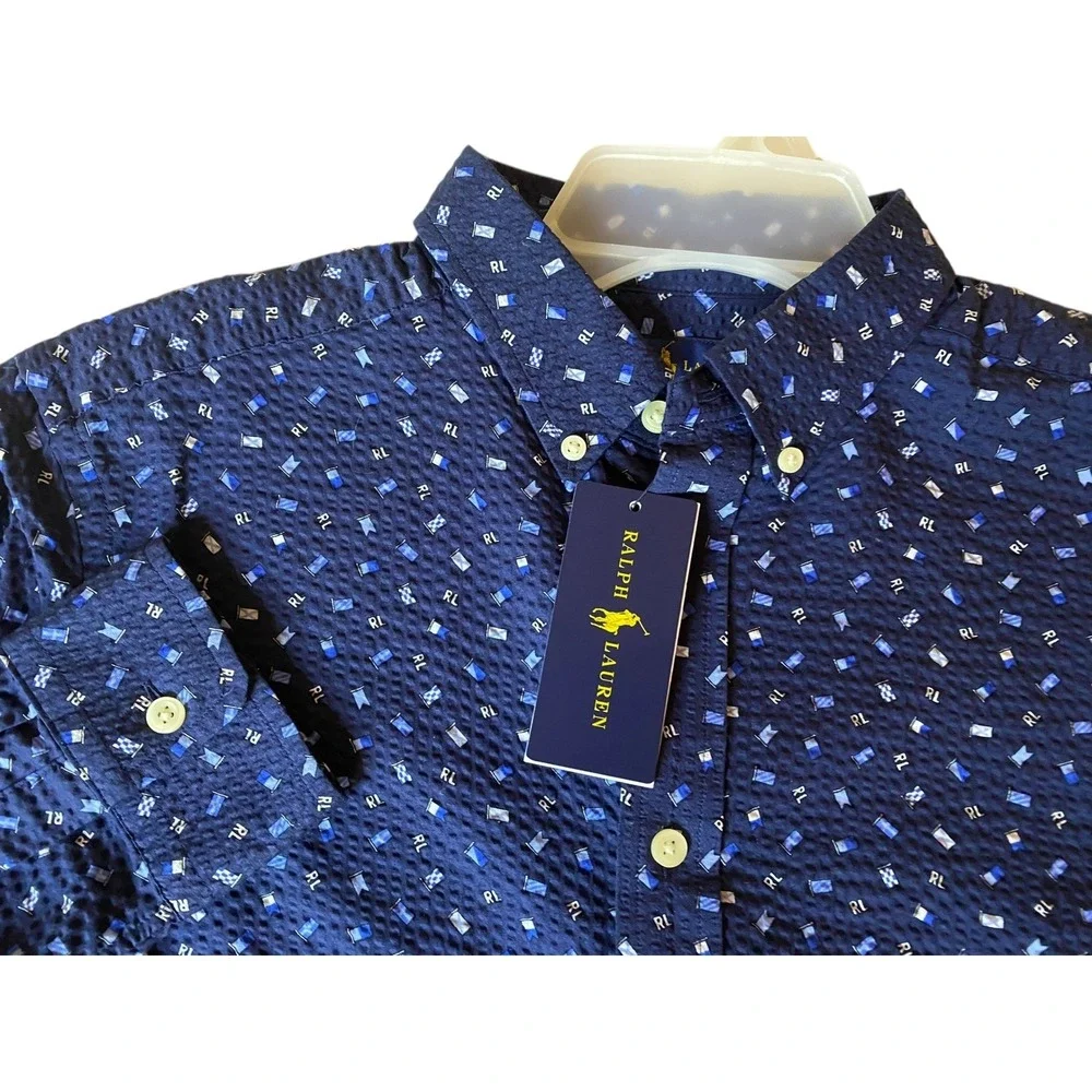 Ralph Lauren Boys XL Long Sleeve Button Down Sailing Print Shirt NWT Navy Blue